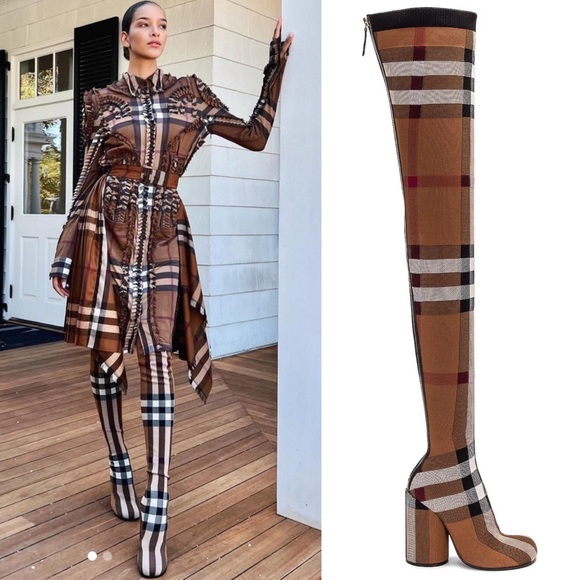 NIB Burberry 36 Anita Knit Check Over-the-Knee Thigh High Stretch Boots in Brown - Picture 4 of 17